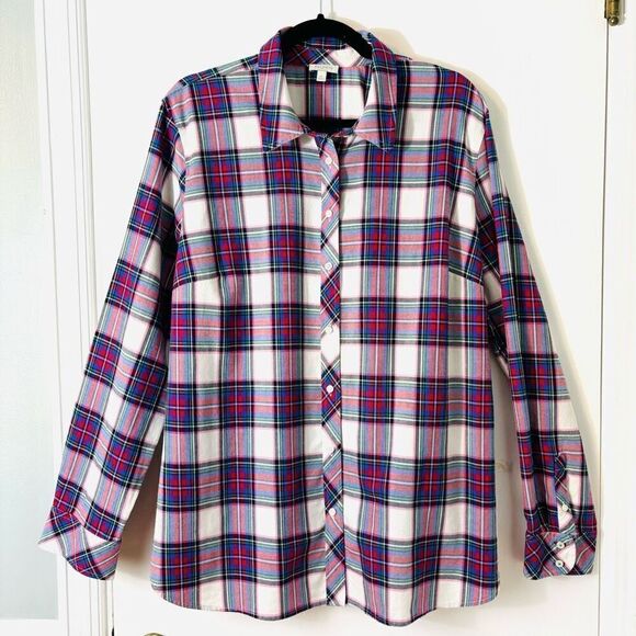 Talbots cotton plaid red, blue, green, white button up shirt XL - Picture 1 of 10